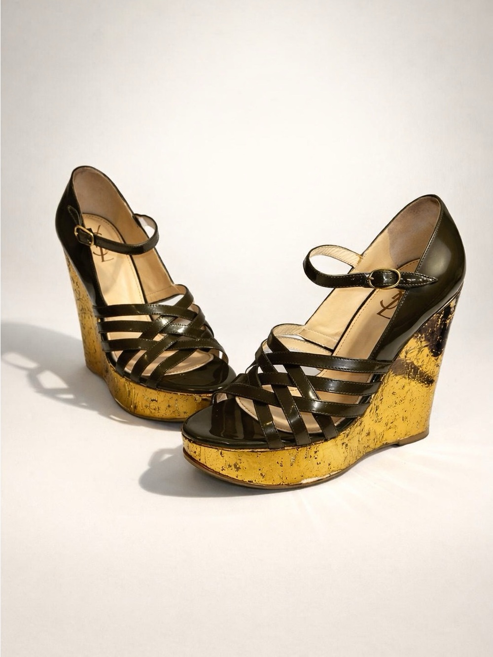 Yves Saint Laurent Olive Strappy Wedge Sandals with Gold Metallic Platform